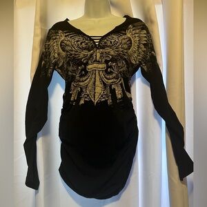 Rebel Saint by Affliction Women's T-Shirt  Ruched Sleeve and sides Medium